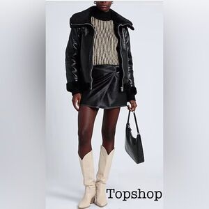 Topshop faux leather shearling zip front oversized aviator jacket Women’s 8